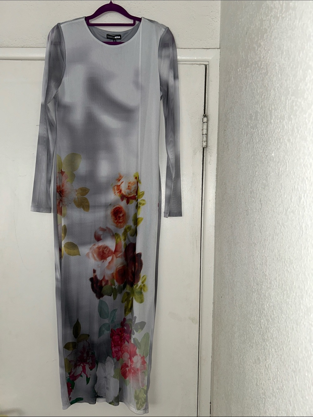 Fashion Nova Gray Floral Long Sleeve Maxi Dress with Multicolor Roses